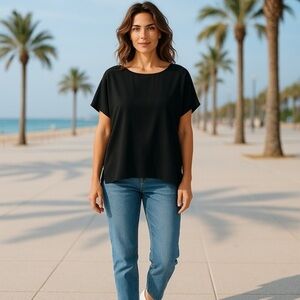 Anne Klein Black Blouse with Cap Sleeves and Relaxed Fit